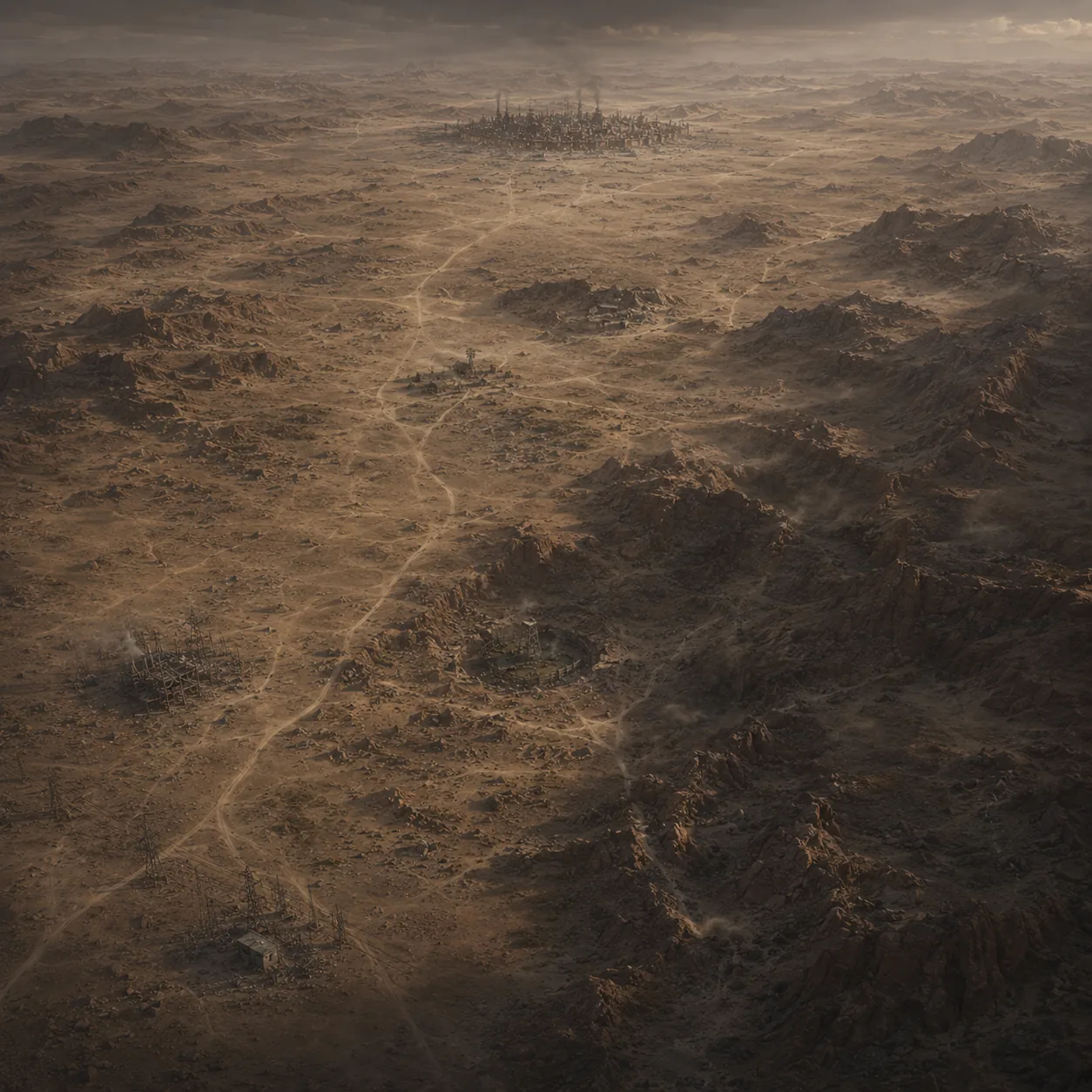A wide view of the Bonelands with ruined infrastructure, mountain ridges, and a distant settlement