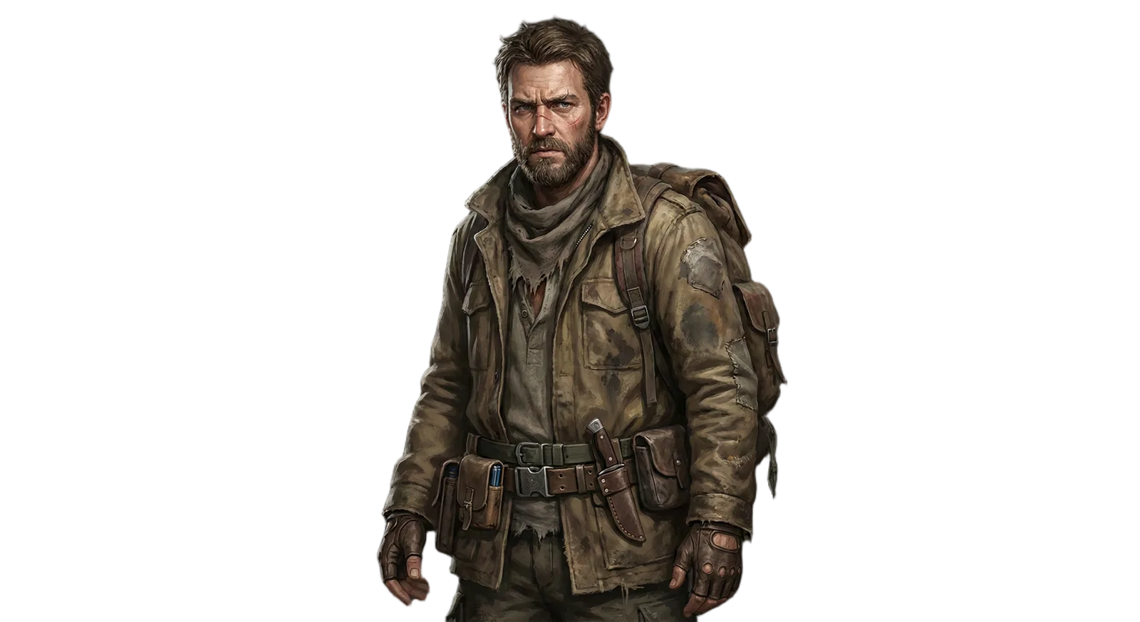 Bren wearing worn scavenger gear and carrying a field pack