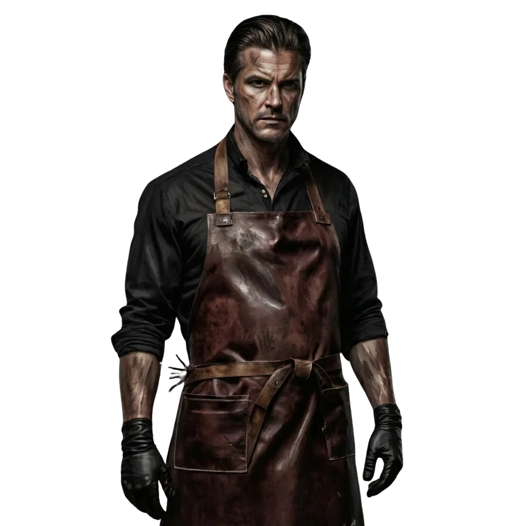 Doc Meat wearing a dark shirt, stained leather medical apron, and black gloves