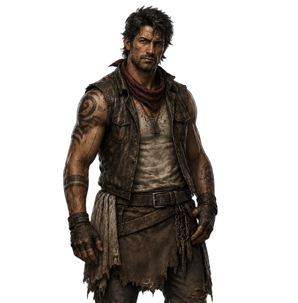 Echo the Innkeeper wearing a weathered vest, red neck scarf, work gloves, and wasteland gear