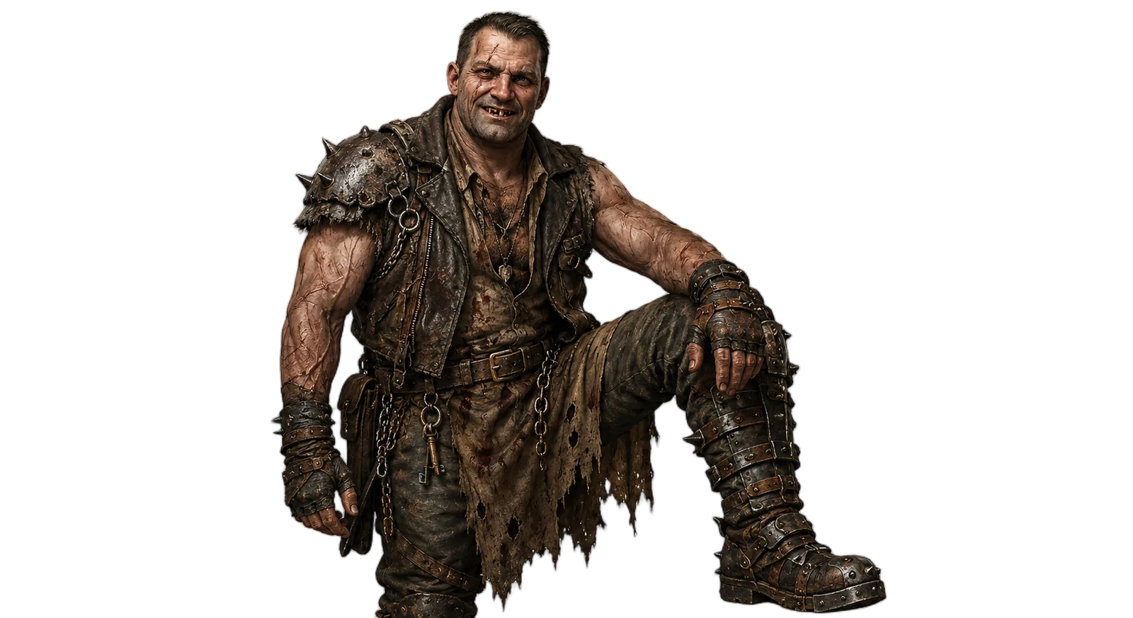 Gutter Glee, the scarred pitmaster of Bonetown's Fighting Pits