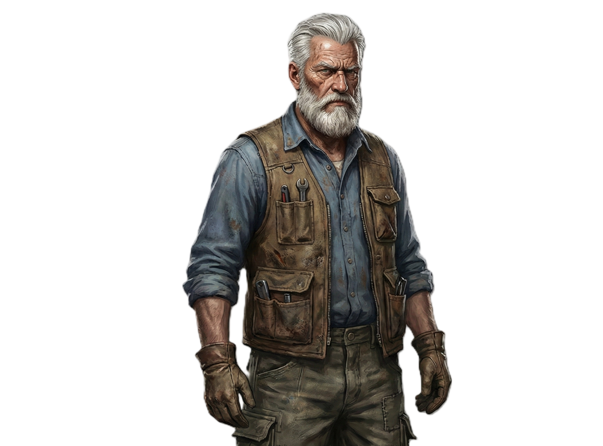 Karro wearing a worn work vest with tools in its pockets