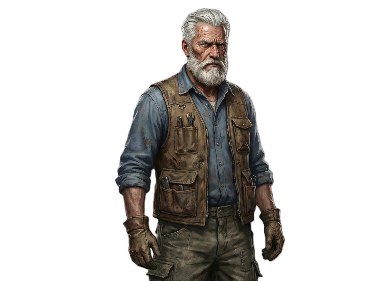 Karro wearing a worn work vest with tools in its pockets
