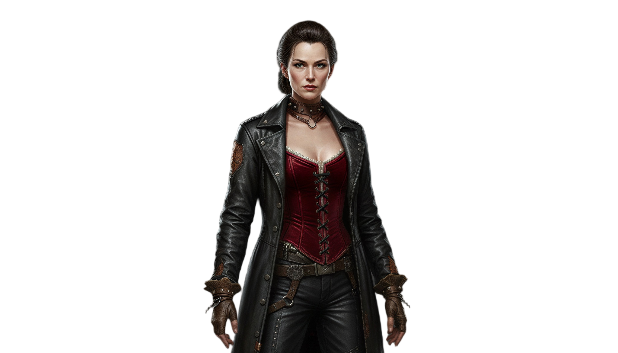 Lady Tar wearing a black leather coat over a dark red corset
