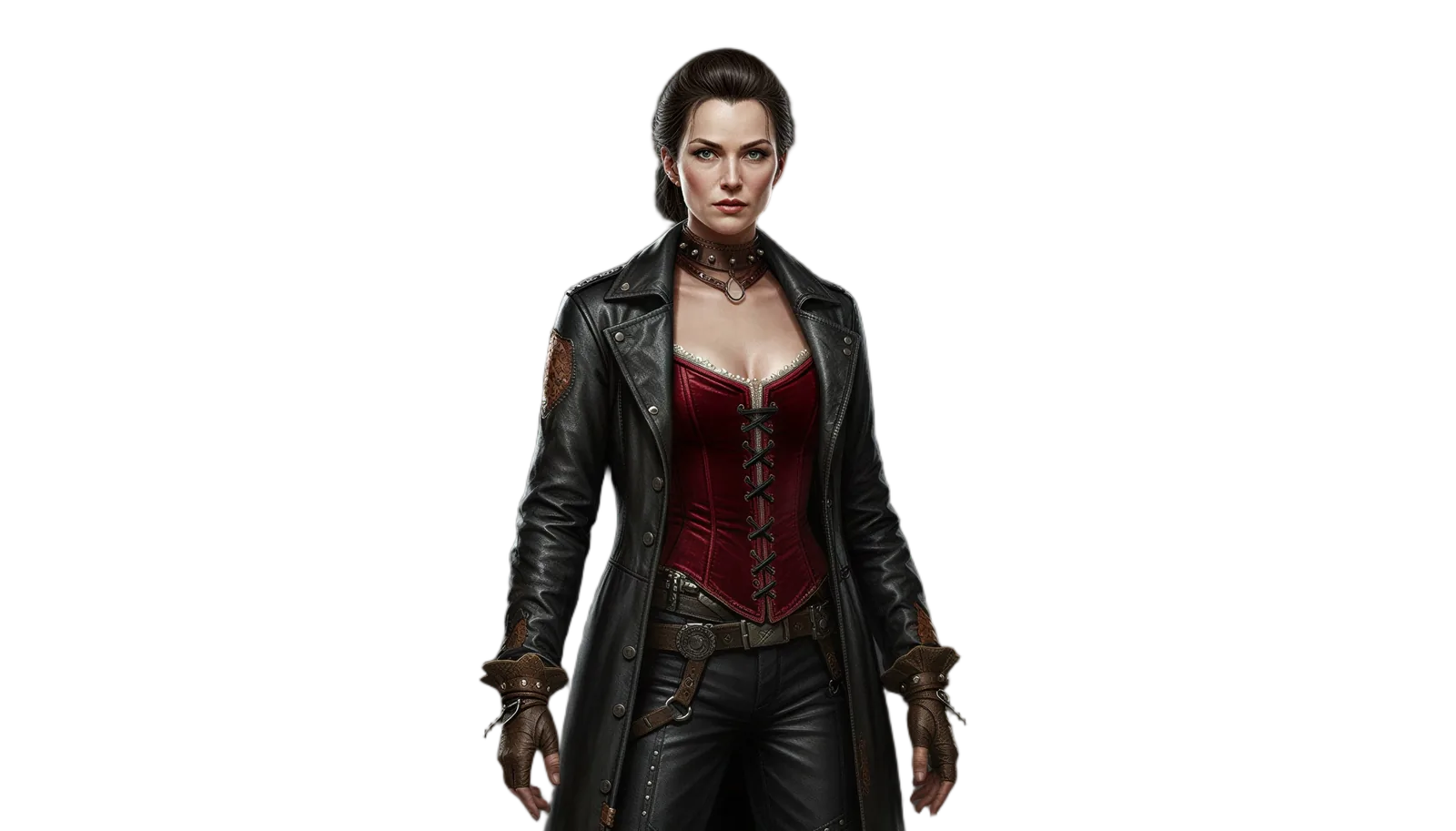 Lady Tar wearing a black leather coat over a dark red corset