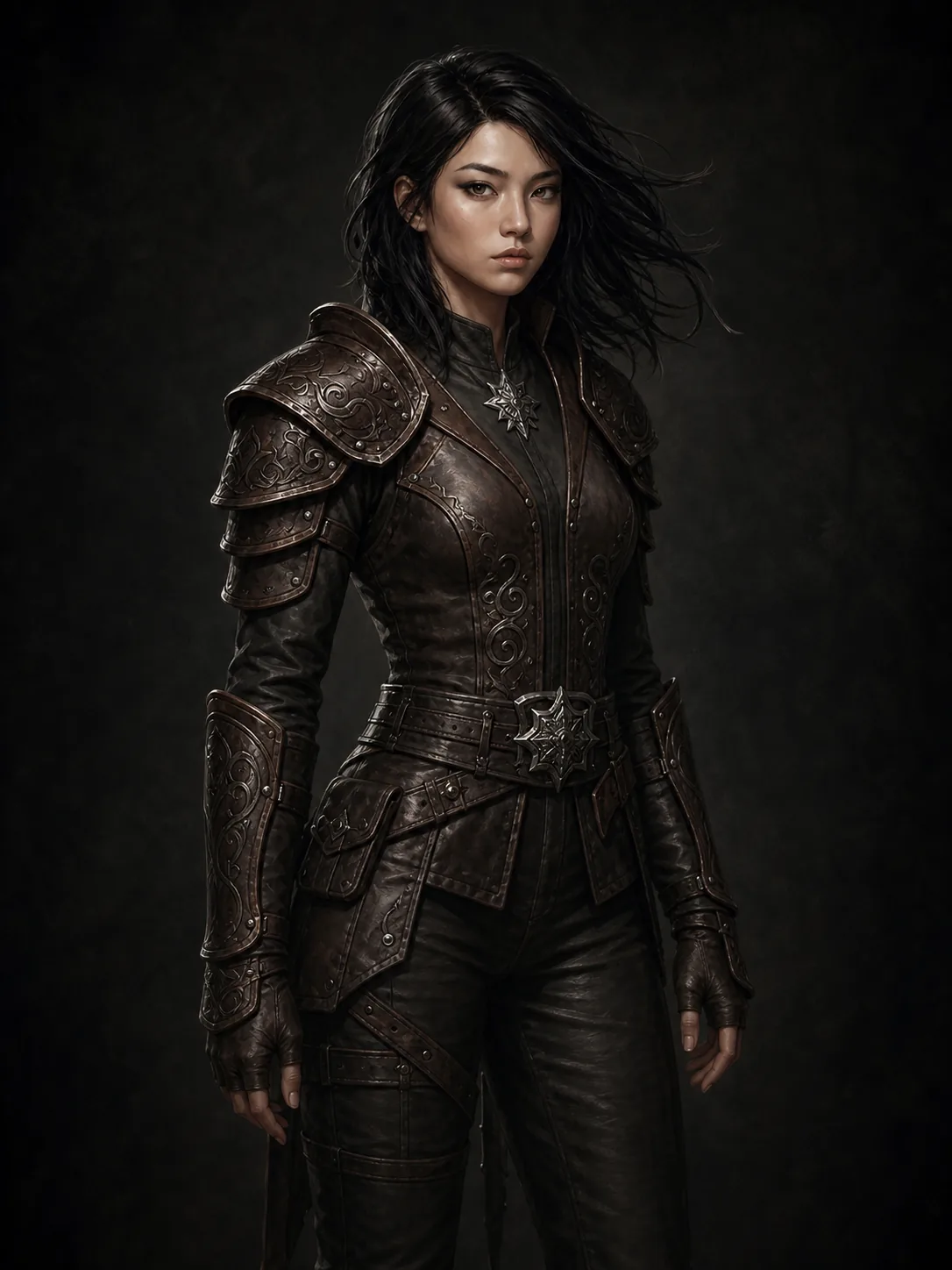 Lily wearing dark leather wasteland armor with ornate silver details