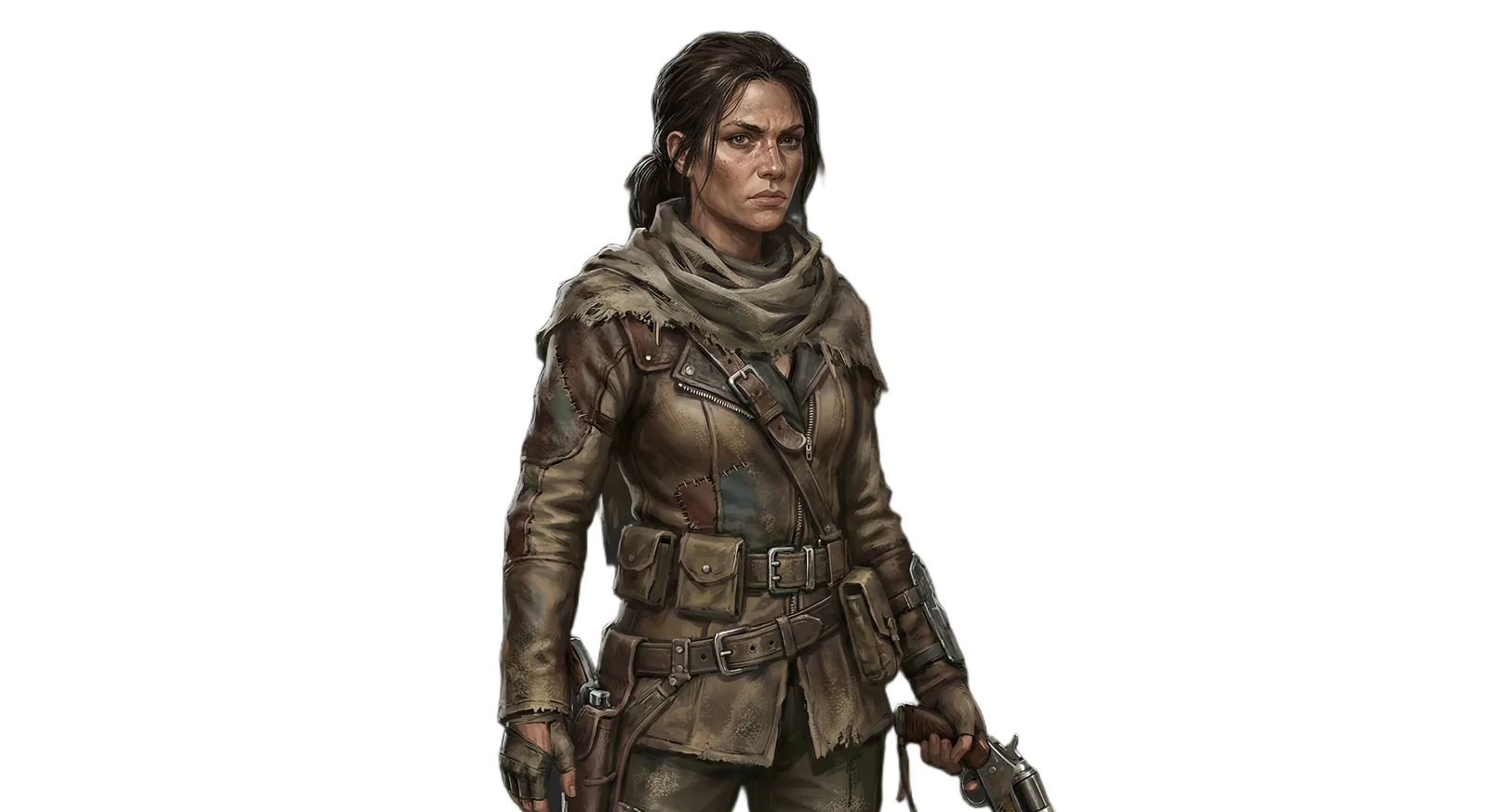 Rheva wearing patched caravan gear and a weathered scarf