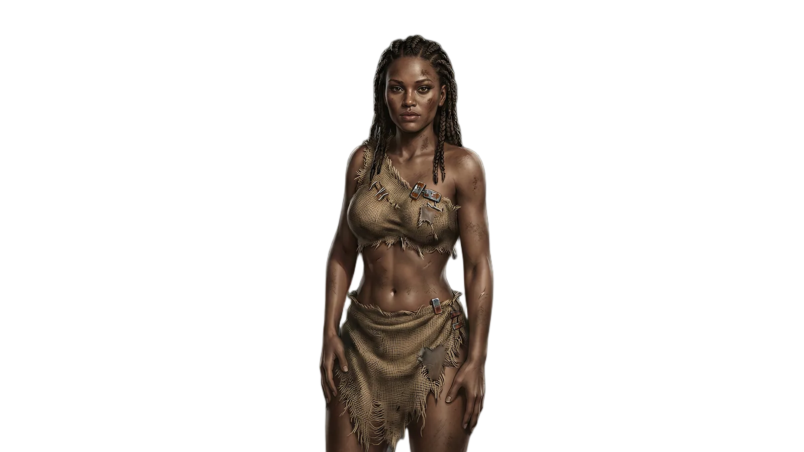 Rook, a former wasteland scavenger with braided hair and patched clothing