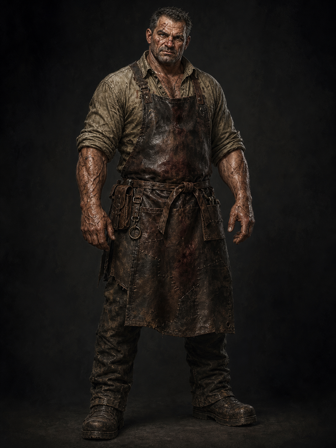 Rust The Club, a heavily built and scarred former pit fighter wearing a smith's leather apron