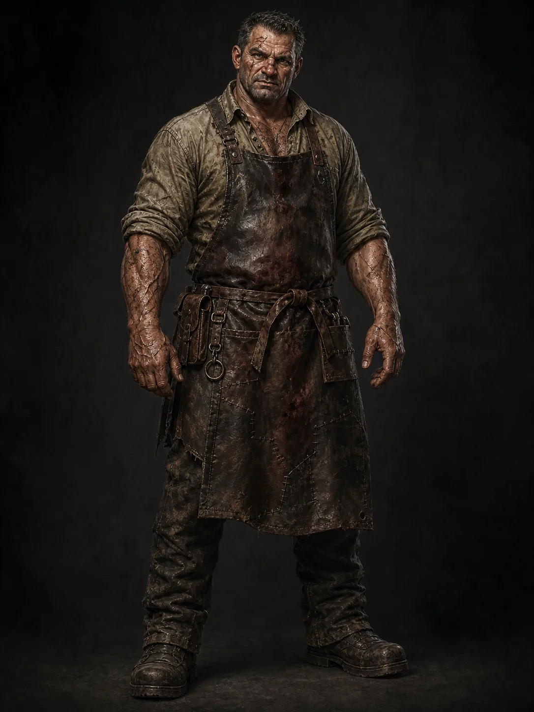 Rust The Club, a heavily built and scarred former pit fighter wearing a smith's leather apron