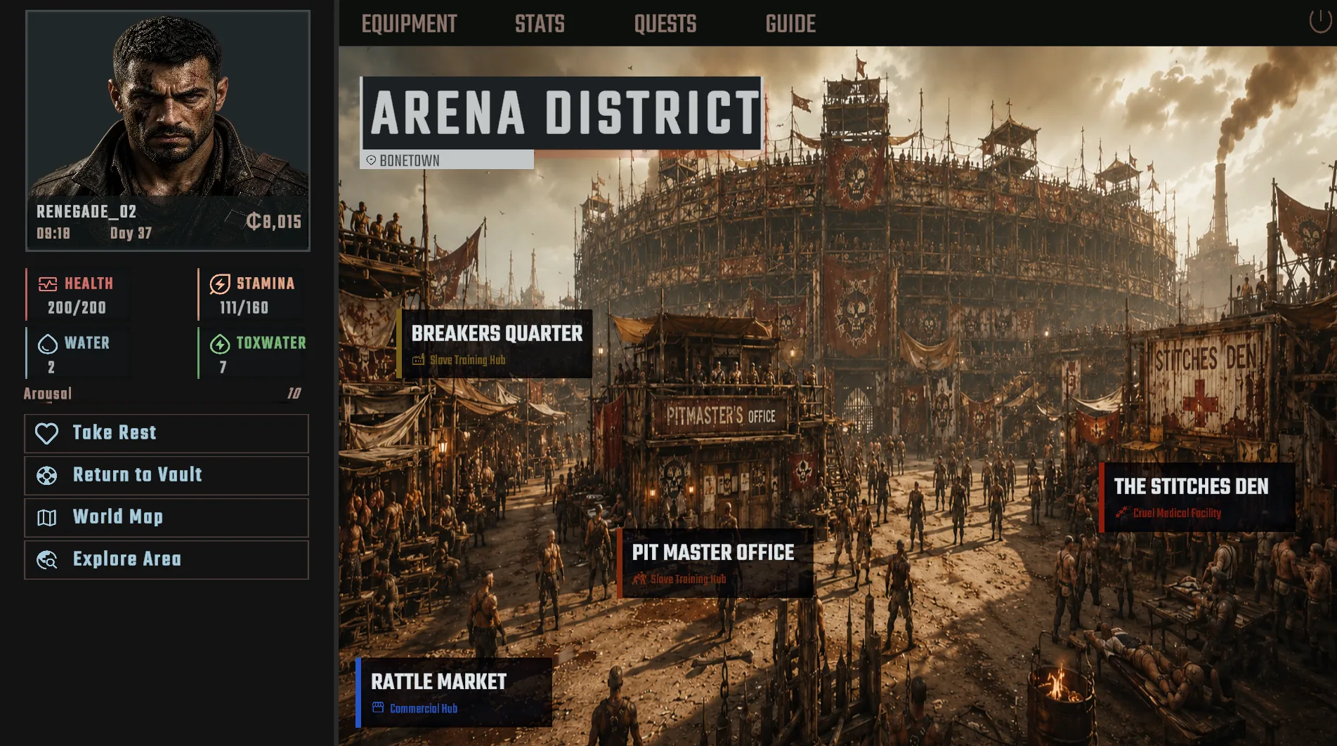 Renegades Vault arena district screen showing the Bonetown arena, market, pit master office, and medical facility locations
