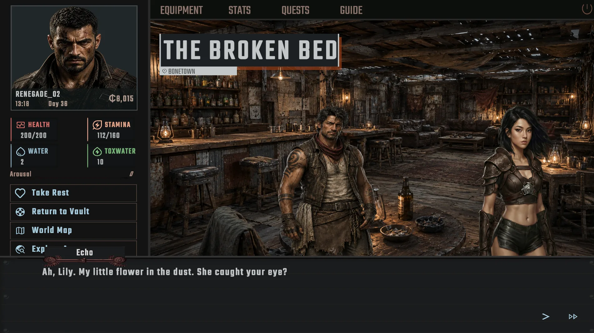 Renegades Vault dialogue screen inside The Broken Bed in Bonetown with Echo and Lily
