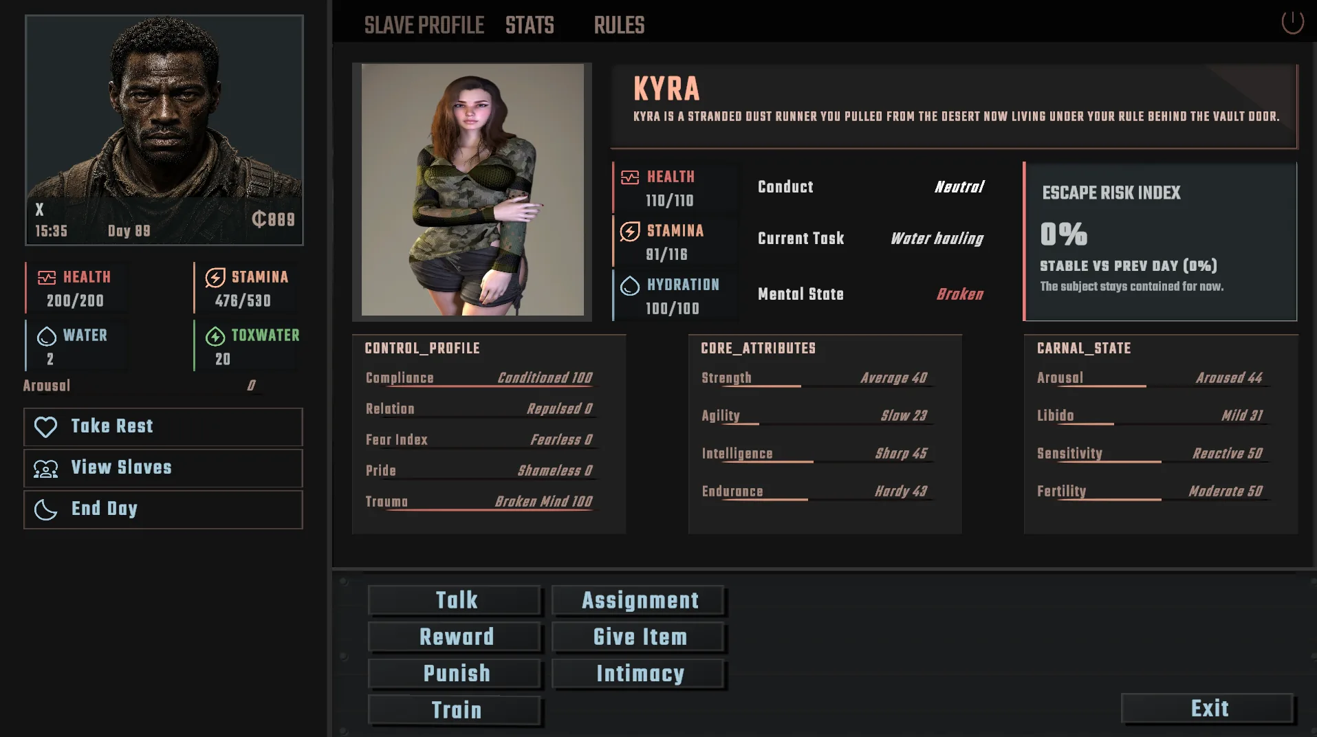Renegades Vault character profile screen showing Kyra, condition stats, attributes, and action controls