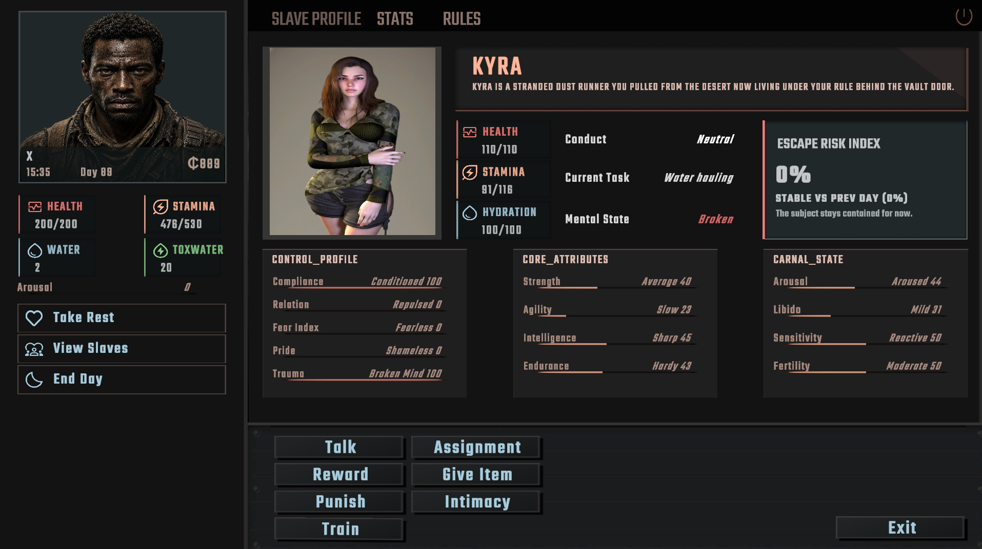 Renegades Vault slave profile screen showing Kyra, condition stats, attributes, and action controls
