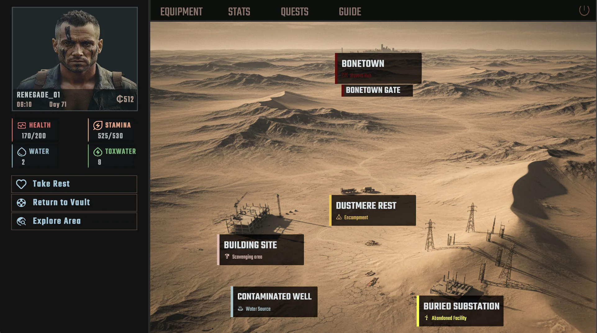 Renegades Vault wasteland map screen showing Bonetown, Dustmere Rest, contaminated well, and buried substation locations