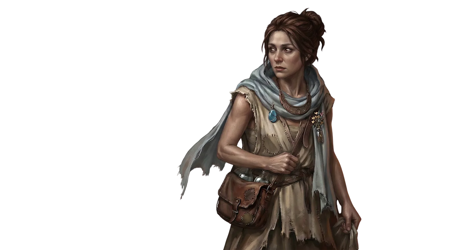 Vesper Thorne, an anxious scavenger-trader wearing patched clothing and a pale blue scarf