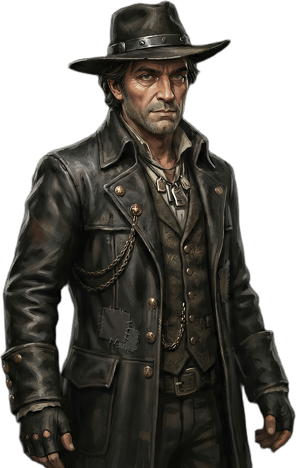 Vex The Crier wearing a wide-brimmed hat and patched dark auctioneer's coat